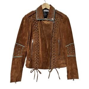 Bagatelle Fringe Western Studded Moto Jacket Size S Brown Ranch Festival Women's